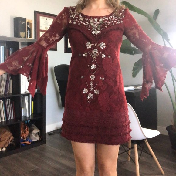 Free People Red Boho Sequin Ruffle Dress - Picture 9 of 16